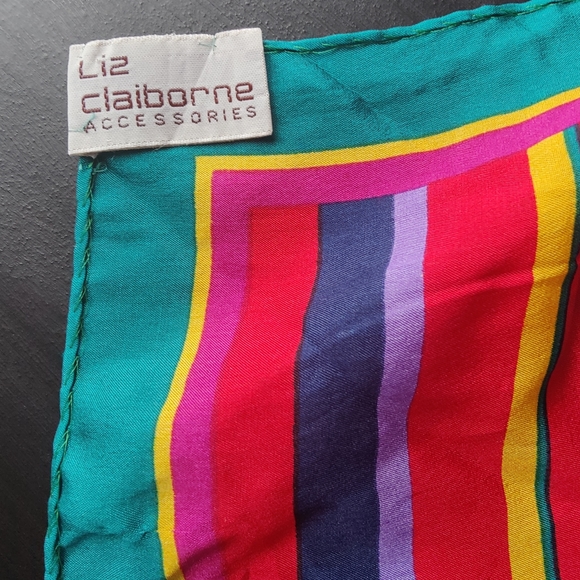 Vintage Liz Claiborne Silk Scarf 🧣 Navy Blue, Emerald Green & stripes - Picture 4 of 7